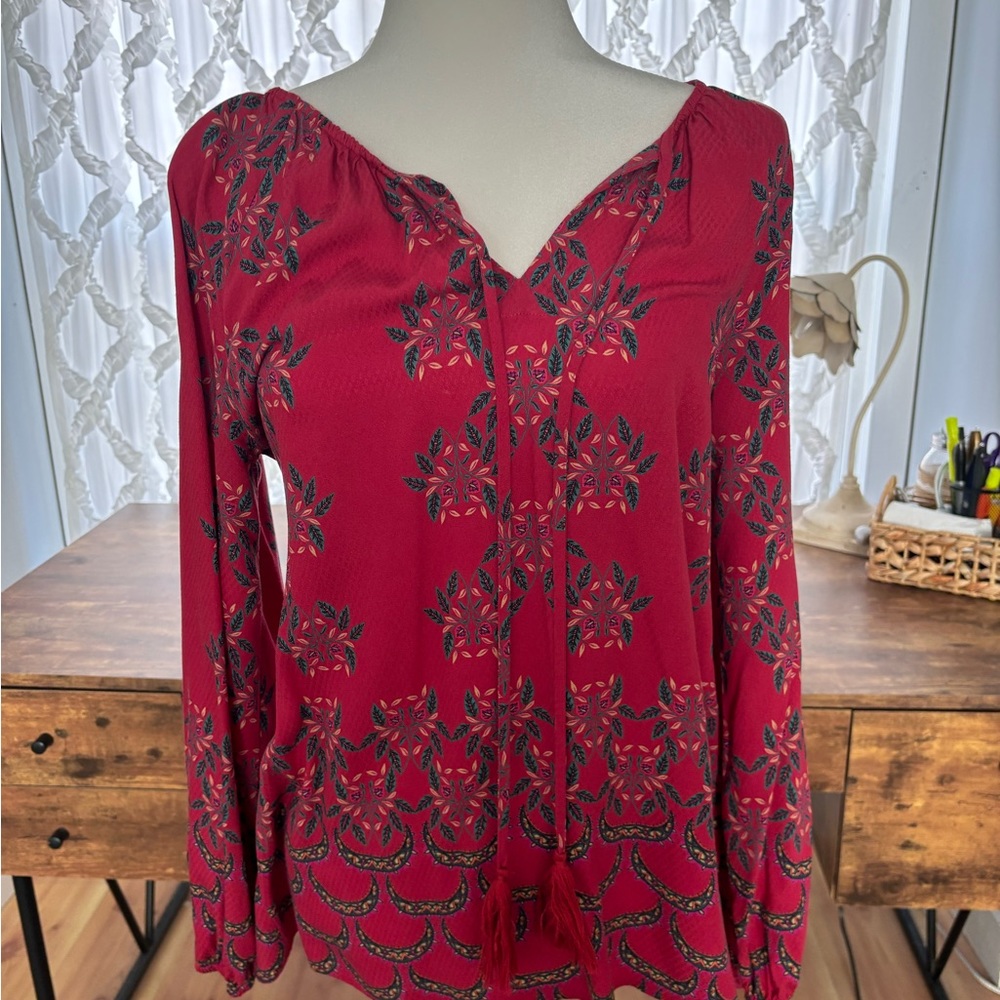 Sundance red flowery blouse with tassel ties